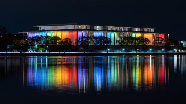 The Kennedy Center lit up in rainbow colors.